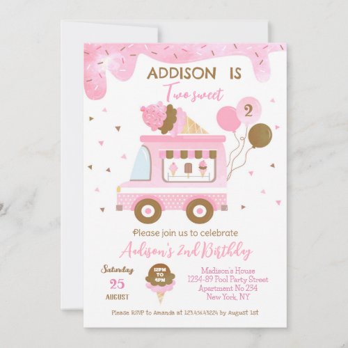 Two Sweet Ice Cream truck 2nd Birthday Invitations