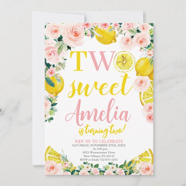 Two Sweet Lemonade Birthday, Citrus Birthday Party Invitation (Front)