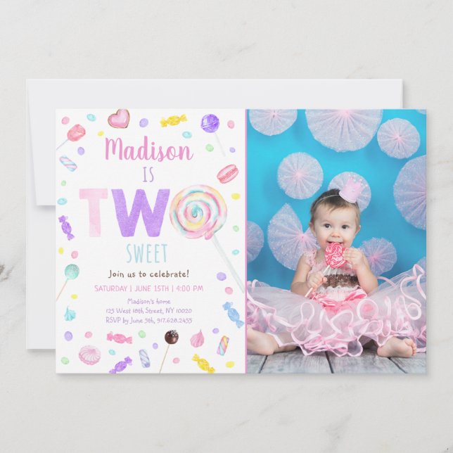 Two Sweet Lollipop Candy Second Birthday Invitation (Front)