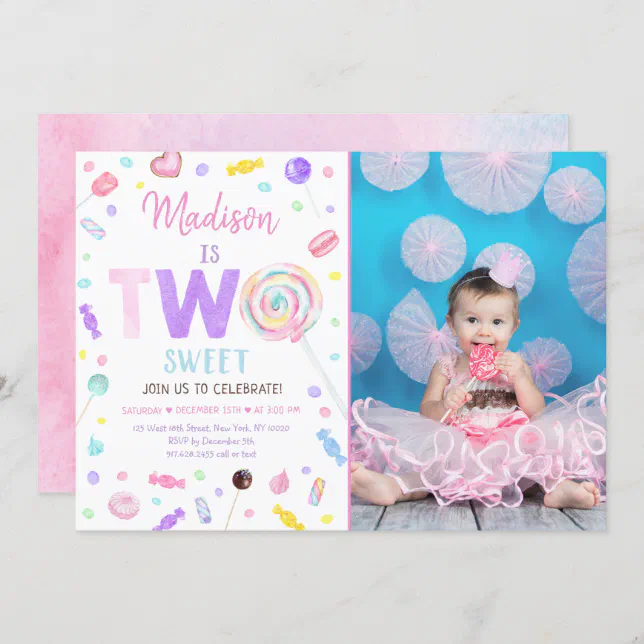 TWO Sweet Lollipop Candy Second Birthday Invitation | Zazzle