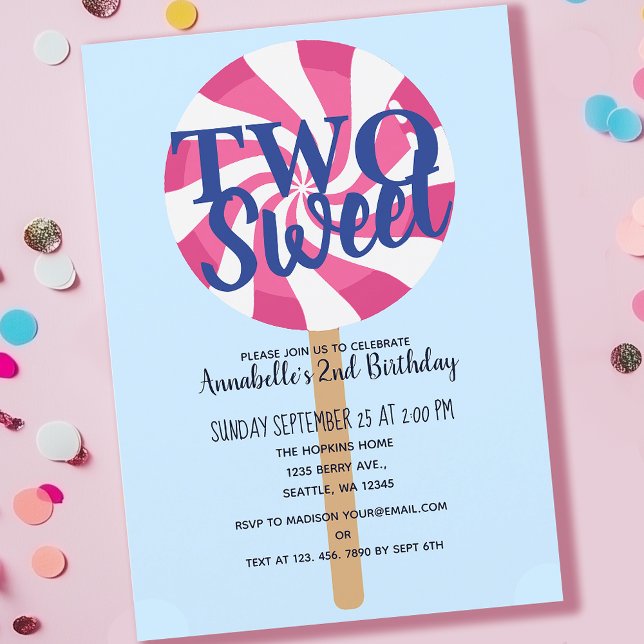 Two Sweet Lollipop Cute Kids Second Birthday Invitation (Creator Uploaded)