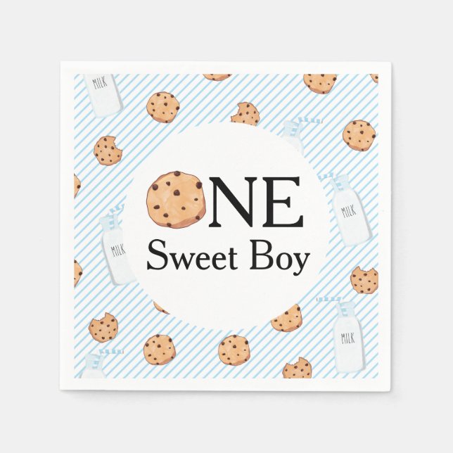 Two Sweet Milk and Cookies blue Birthday Party Pap Napkins (Front)