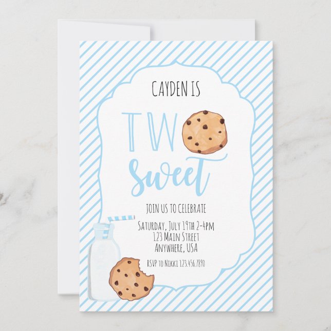 Two Sweet Milk and Cookies blue boy 2nd Birthday Invitation (Front)