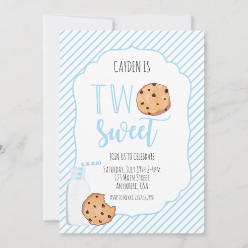 Two Sweet Milk and Cookies blue boy 2nd Birthday Invitation