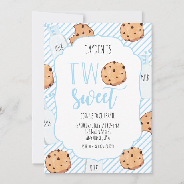Two Sweet Milk and Cookies blue boy 2nd Birthday Invitation (Front)