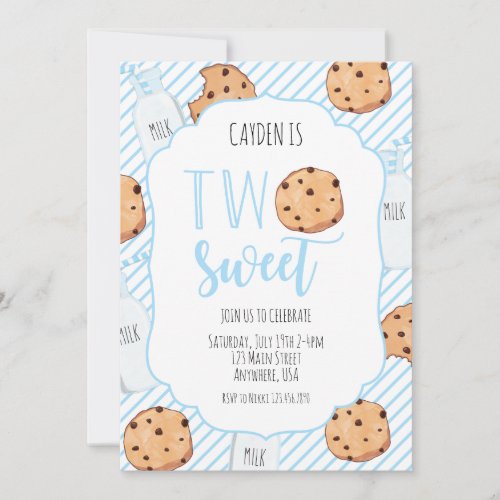 Two Sweet Milk and Cookies blue boy 2nd Birthday Invitation
