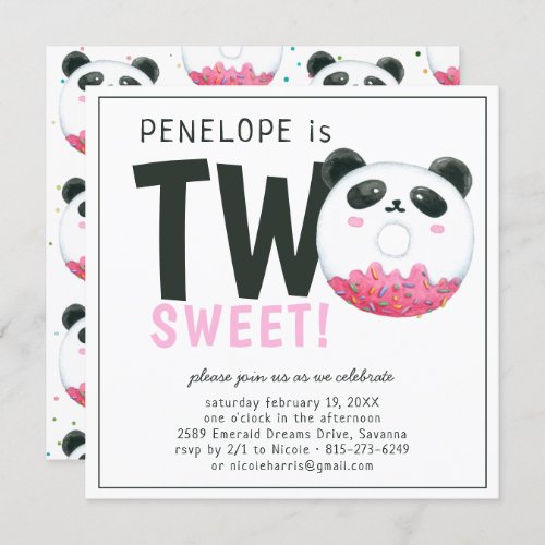 Two Sweet  Panda Donut 2nd Birthday Invitation