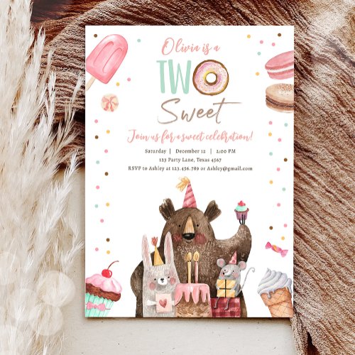 Two Sweet Party Animals Donut Girl Second Birthday Invitation