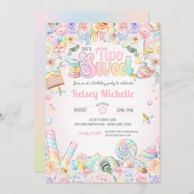 Two Sweet Pastel Candy Shope Second Birthday Kid  Invitation (Front/Back)