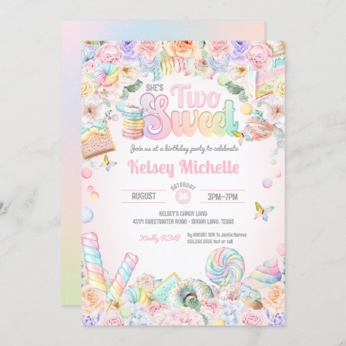 Two Sweet Pastel Candy Shope Second Birthday Kid  Invitation
