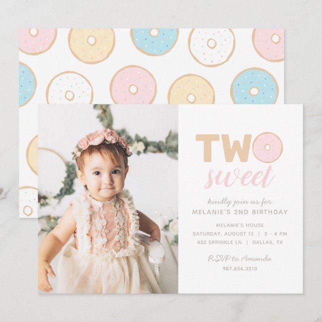 Two Sweet Pastel Donut Birthday Party Photo Invitation (Front/Back)