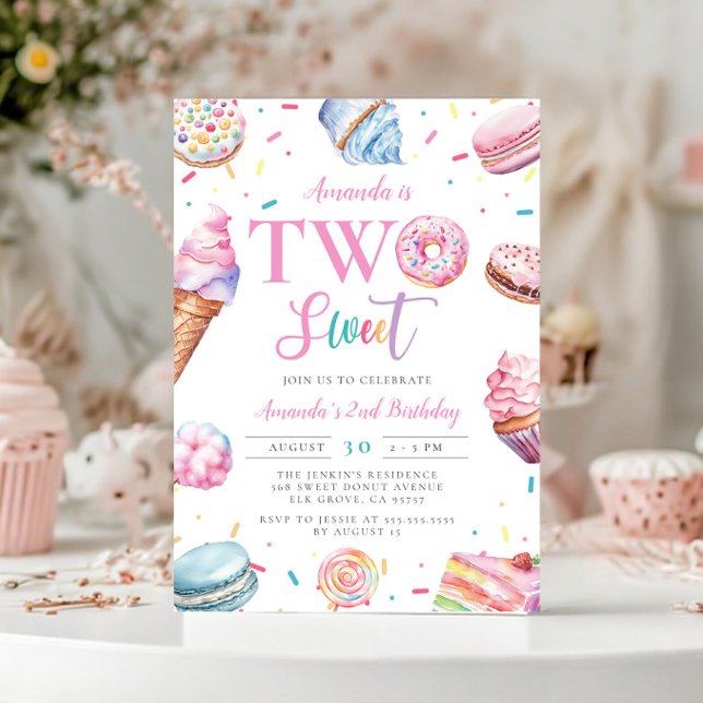 Two Sweet Pastel Pink Donut Candy 2nd Birthday Invitation (Creator Uploaded)