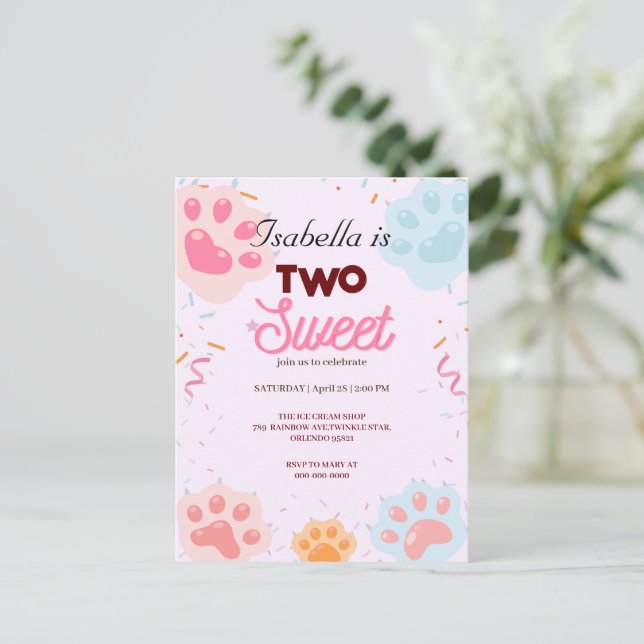 Two Sweet PAW cat and Sprinkles 2nd Birthday Girly Postcard (Standing Front)