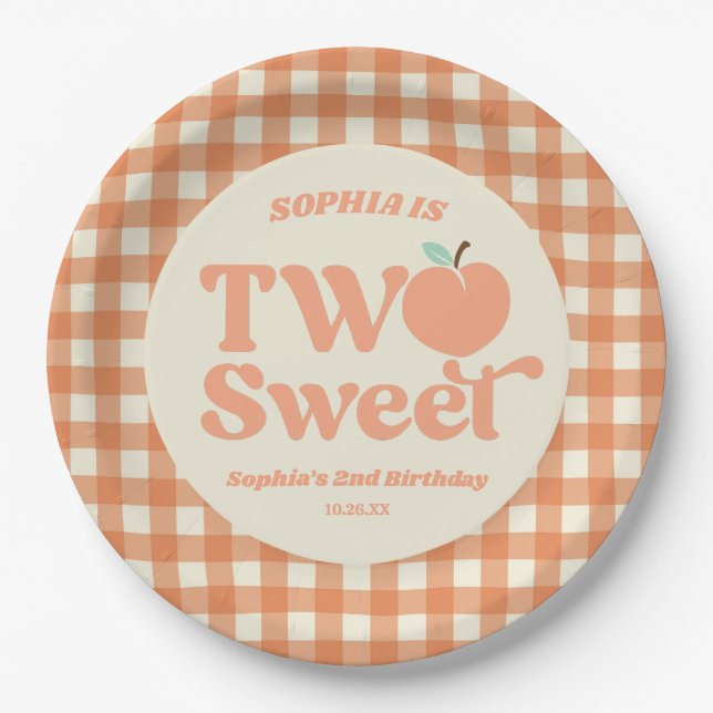 Two Sweet Peach Fruit Second 2nd Birthday Party Paper Plates (Front)