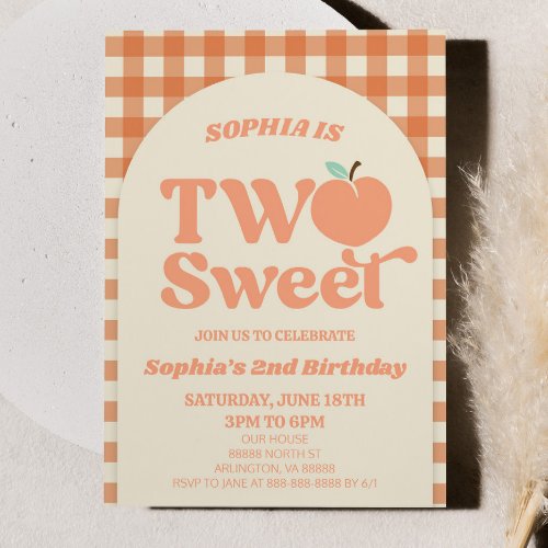Two Sweet Peach Orange Pink 2nd Birthday Party Invitation