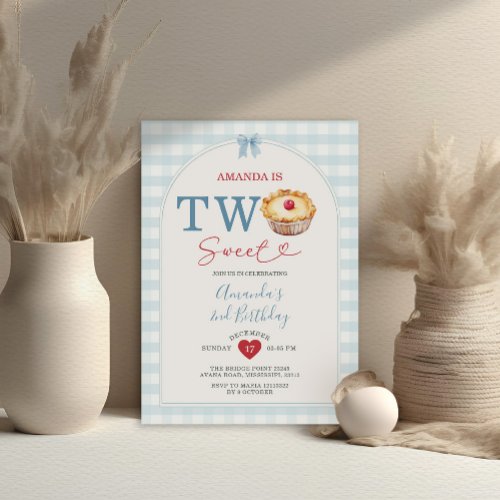 Two Sweet Pie Cherry Blue Gingham 2nd Birthday Invitation