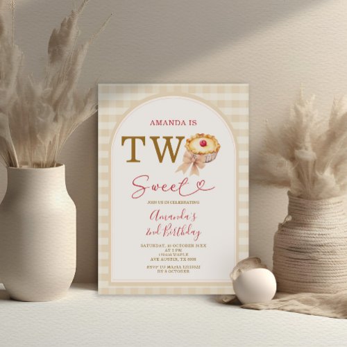 Two Sweet Pie Pastel Orange Gingham 2nd Birthday Invitation