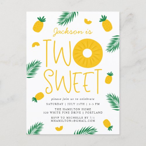 Two Sweet Pineapple 2nd Birthday Party Invitation Postcard