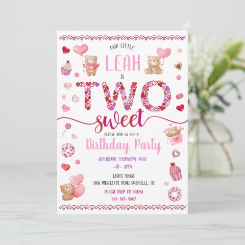 Two Sweet Pink 2nd Birthday Valentines Invitation