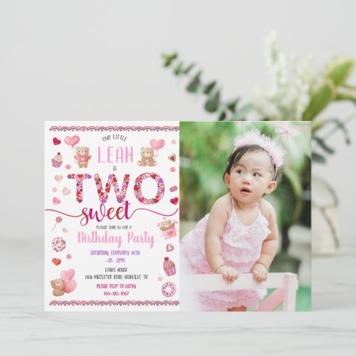 Two Sweet Pink 2nd Birthday Valentines Photo Invitation