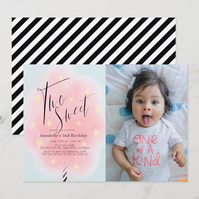 Two Sweet Pink Cotton Candy 2nd Birthday Photo Invitation (Front/Back)