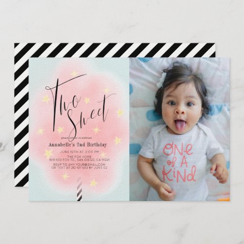 Two Sweet Pink Cotton Candy 2nd Birthday Photo Invitation