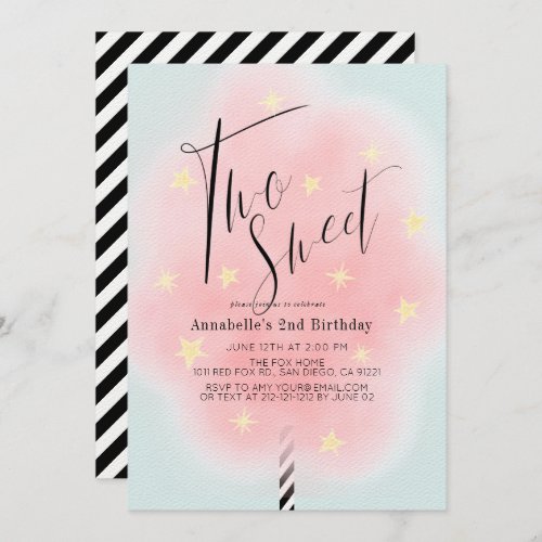 Two Sweet Pink Cotton Candy Girl 2nd Birthday Invitation