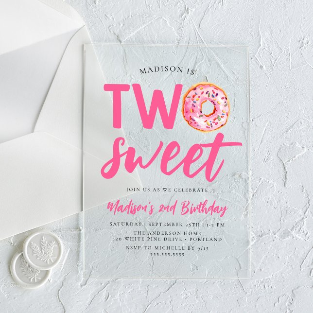Two Sweet Pink Donut 2nd Birthday Acrylic Invitations (Creator Uploaded)