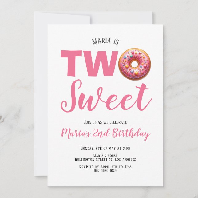 Two Sweet Pink Donut 2nd Birthday Invitation (Front)