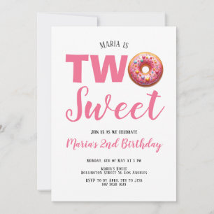 Two Sweet Pink Donut 2nd Birthday Invitation