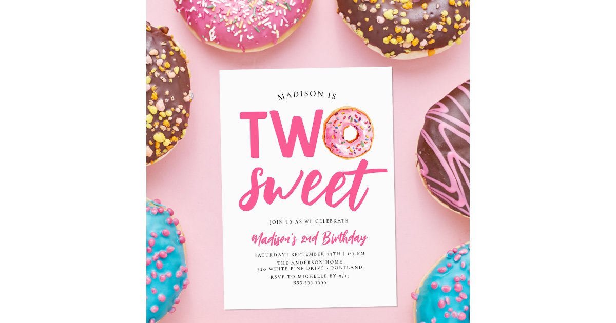Two Sweet Pink Donut 2nd Birthday Invitation | Zazzle