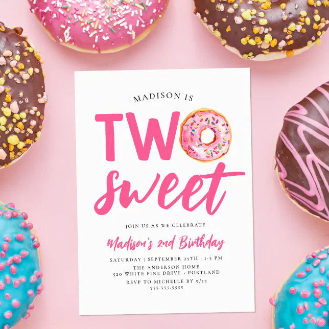 Two Sweet Pink Donut 2nd Birthday Invitation | Zazzle