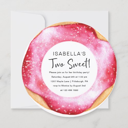 Two Sweet Pink Donut 2nd Birthday Party Invitation