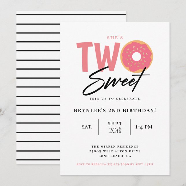 Two Sweet Pink Donut 2nd Birthday Party Invitation (Front/Back)