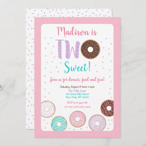 TWO Sweet Pink Donut Birthday Invitation