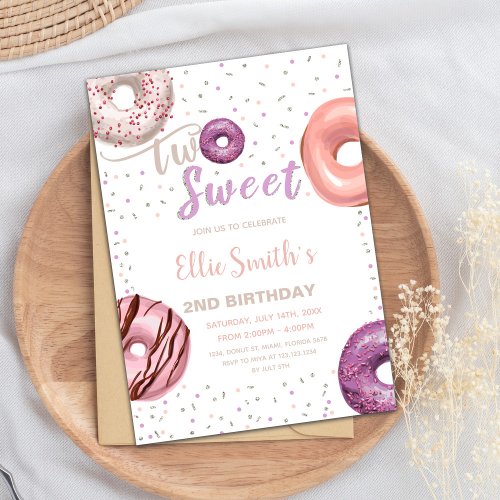 Two Sweet Pink Donut Birthday Invitations