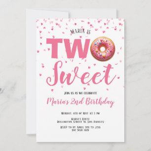 Two Sweet Pink Donut Confetti 2nd Birthday Invitation