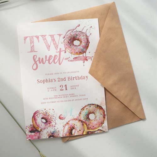 Two Sweet Pink Donut Girl 2nd Birthday Invitation