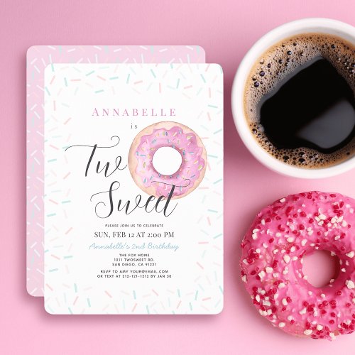 Two Sweet Pink Donut Girl 2nd Birthday Invitation