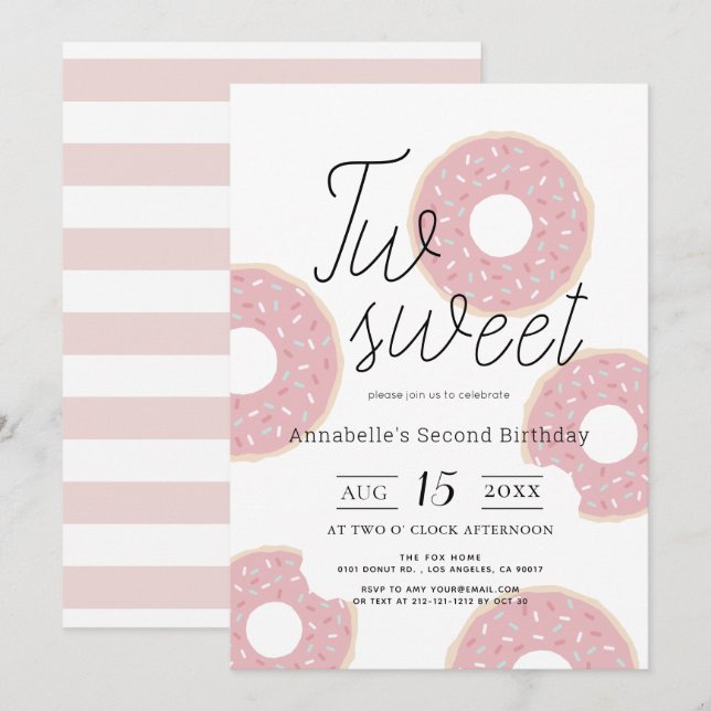 Two Sweet Pink Donut Girl 2nd Birthday Invitation (Front/Back)