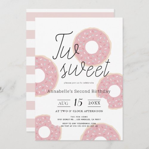 Two Sweet Pink Donut Girl 2nd Birthday Invitation