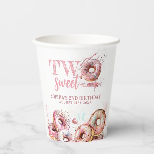 Two Sweet Pink Donut Girl 2nd Birthday Paper Cups