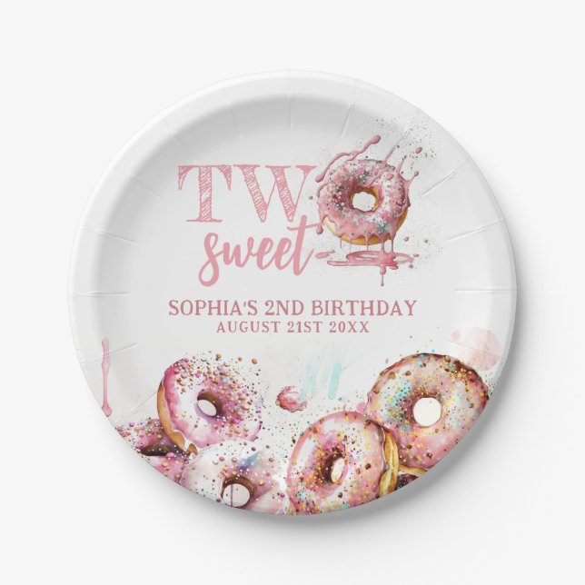 Two Sweet Pink Donut Girl 2nd Birthday Paper Plates (Front)