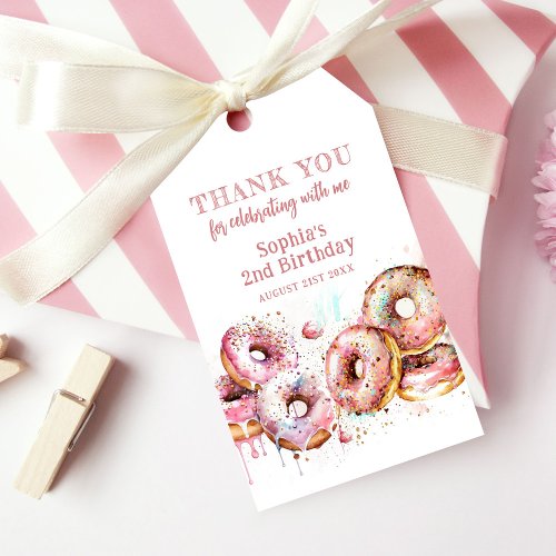 Two Sweet Pink Donut Girl 2nd Birthday Thank You Gift Tags