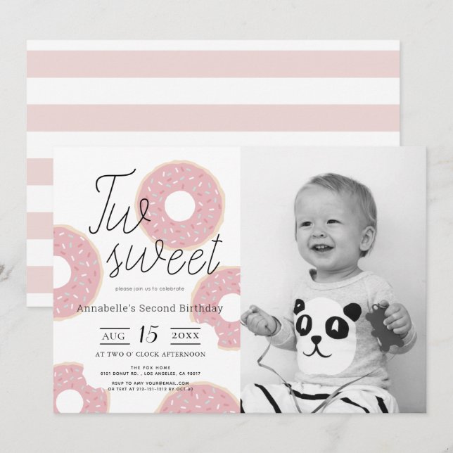 Two Sweet Pink Donut Girl Photo 2nd Birthday Invitation (Front/Back)