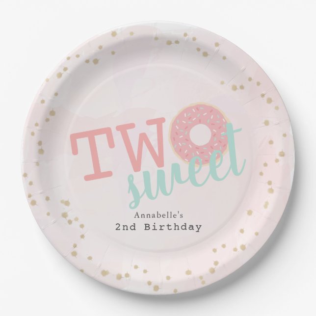 Two Sweet Pink Donut Girl's 2nd Birthday Paper Plates (Front)