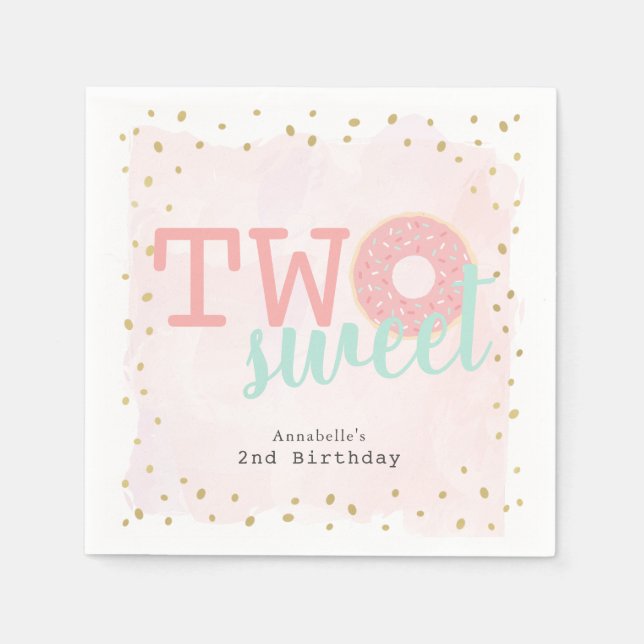 Two Sweet Pink Donut Girl's Birthday Paper Napkins (Front)