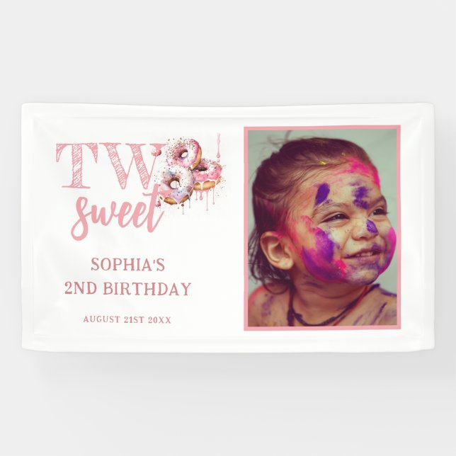 Two Sweet Pink Donut Photo Girl 2nd Birthday Banner (Horizontal)