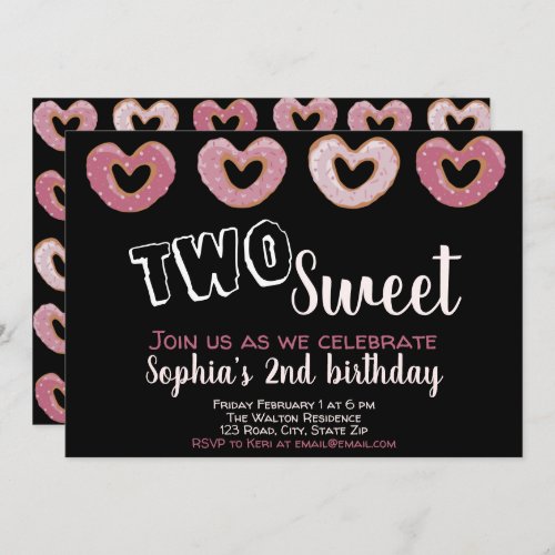 Two Sweet Pink Donut Second  Birthday Invitation