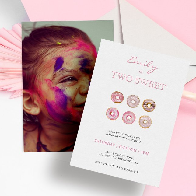 Two Sweet Pink Donuts Photo 2nd Birthday Invitation (Creator Uploaded)